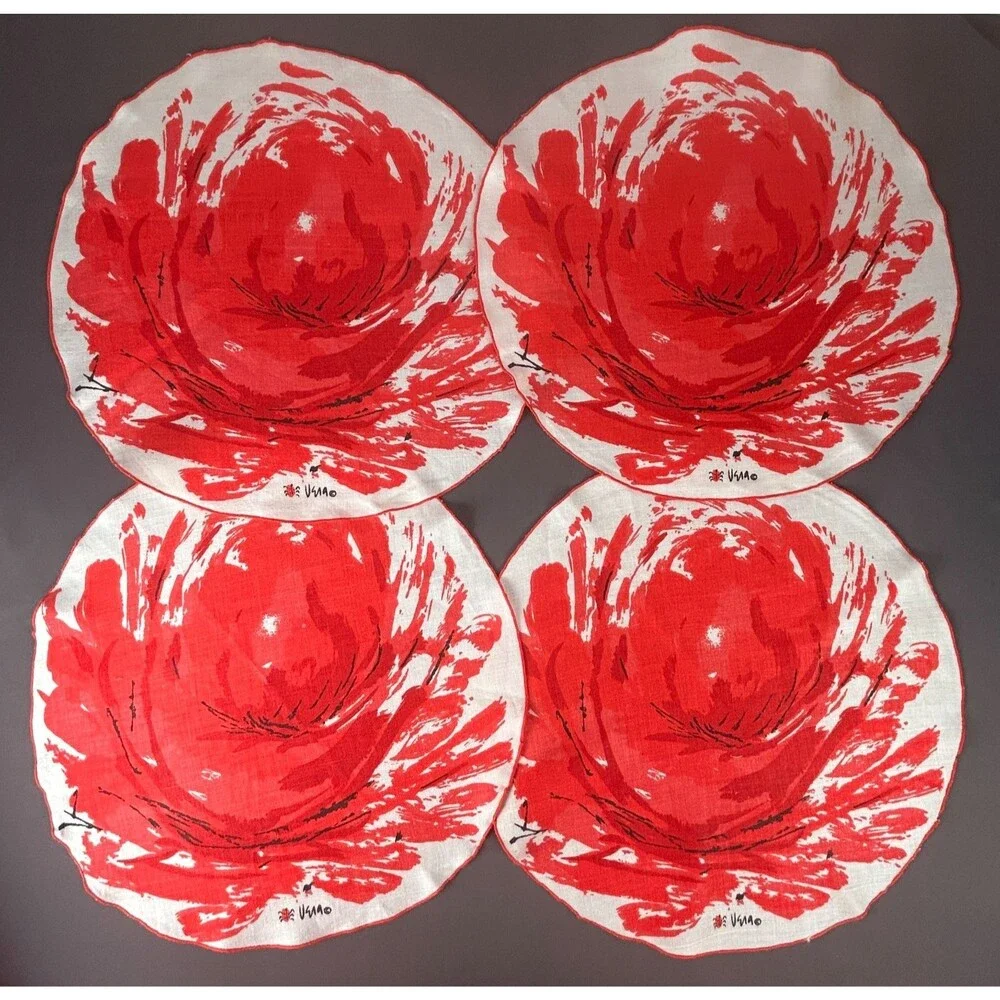 Vintage Vera Neumann Large Red Flower Linen Round Placemat Set of 4